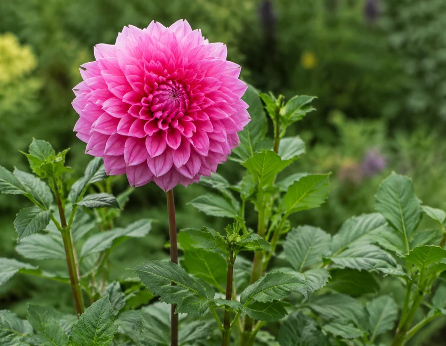 Multi-petalled dahlia head with pinnate foliage