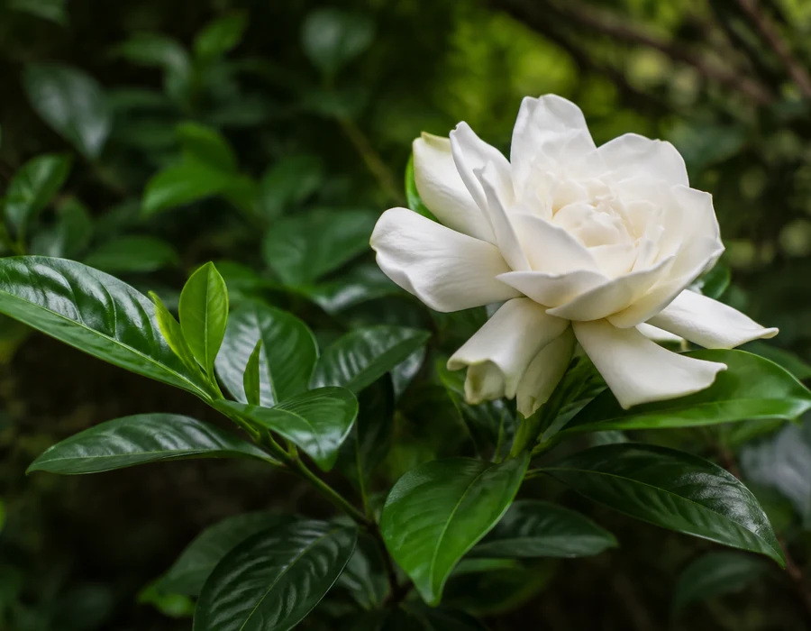 Gardenia jasminoides white flower against glossy dark leaves