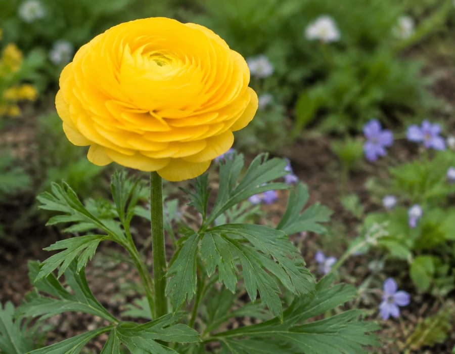 Persian buttercup bloom with layered petals and lobed leaves