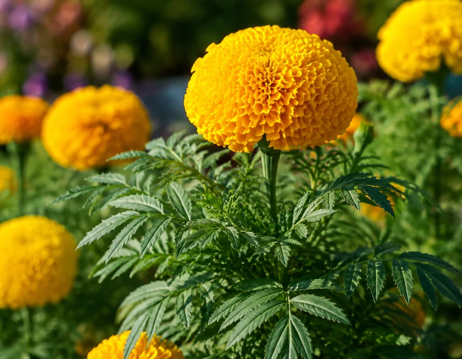 African marigold dense yellow double flowerhead with pinnate leaves