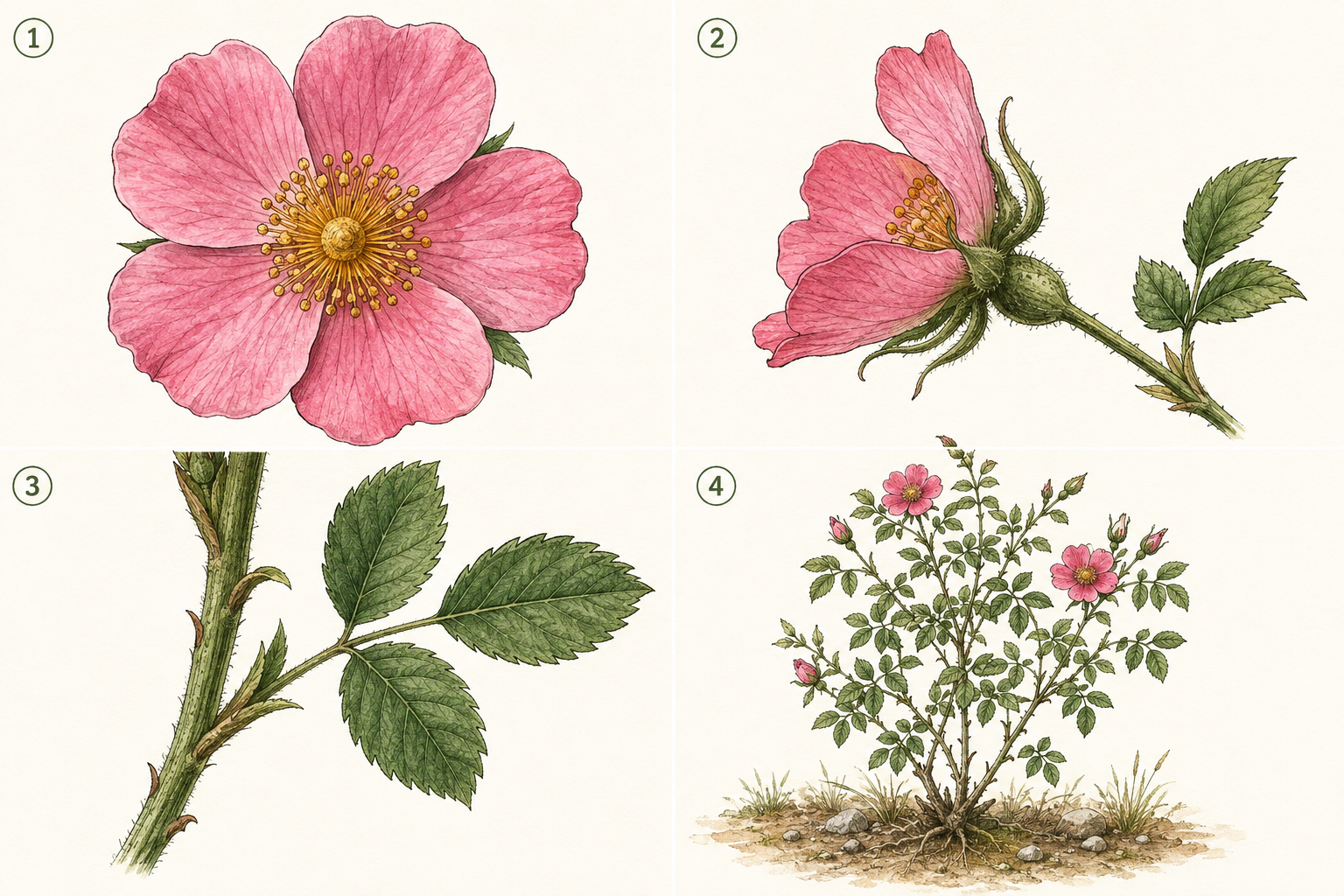 Illustration of four useful flower photographs: bloom front, bloom side, leaf and stem, and whole plant