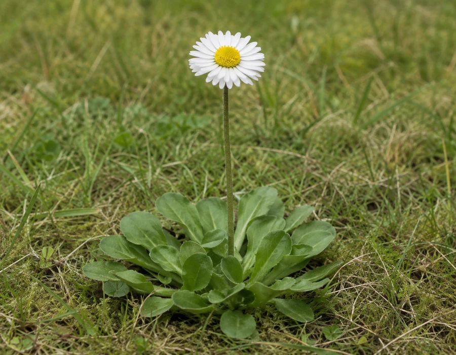 Common daisy with white rays around a yellow disc