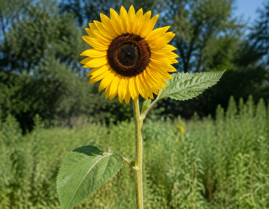 Common sunflower with a large dark disc and broad leaves